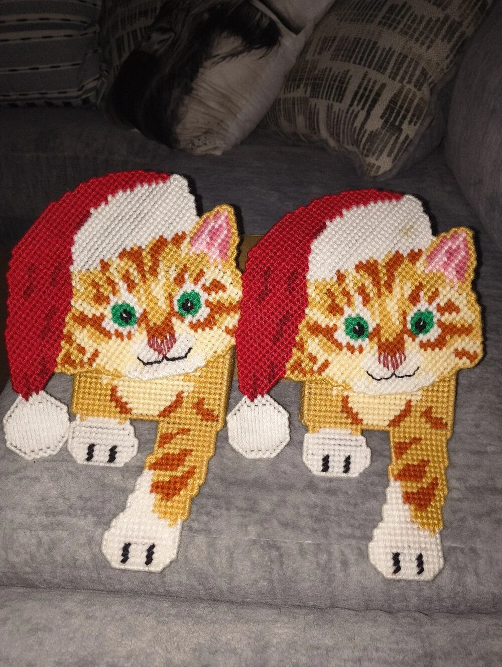 Handmade Festive Orange Tabby Cat Ornament with Red Santa Hat